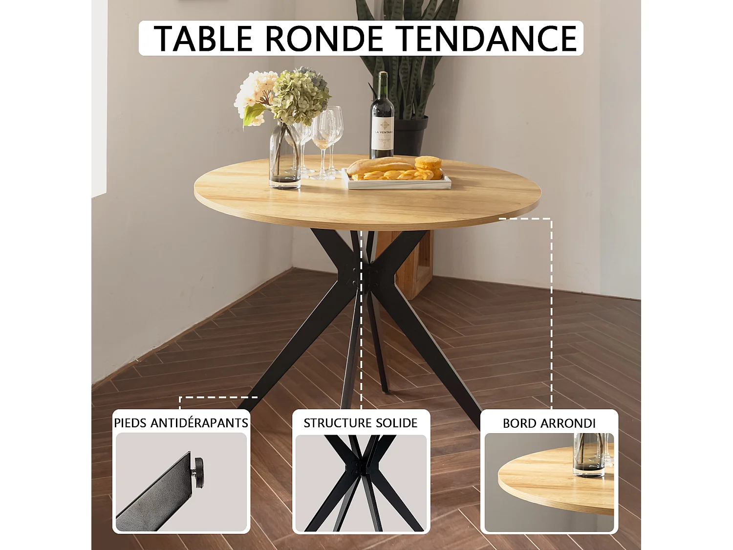 CLIFTXCHARLTON - Table à manger ronde de 100 cm en imitation chêne et pieds métal noirs avec 4 chaises en tissu brique