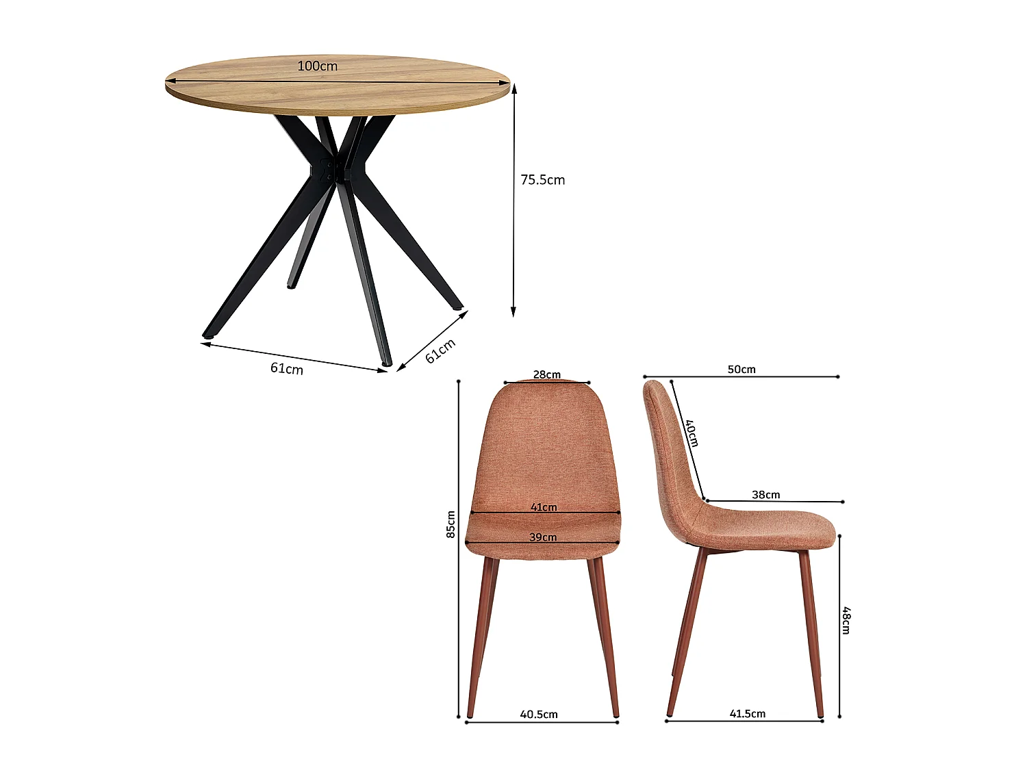 CLIFTXCHARLTON - Table à manger ronde de 100 cm en imitation chêne et pieds métal noirs avec 4 chaises en tissu brique