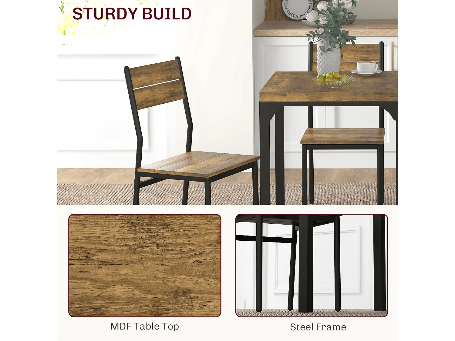 Lulila Rustic Brown 3 Piece Compact Square Dining Table and 2 Chairs