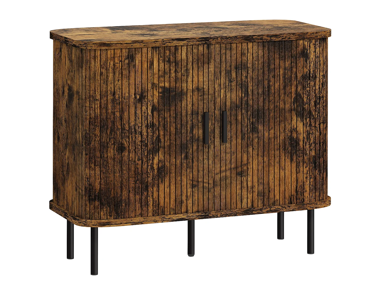 Lasa Rustic Brown Mid Century Sideboard Slatted Sliding Doors Steel Legs