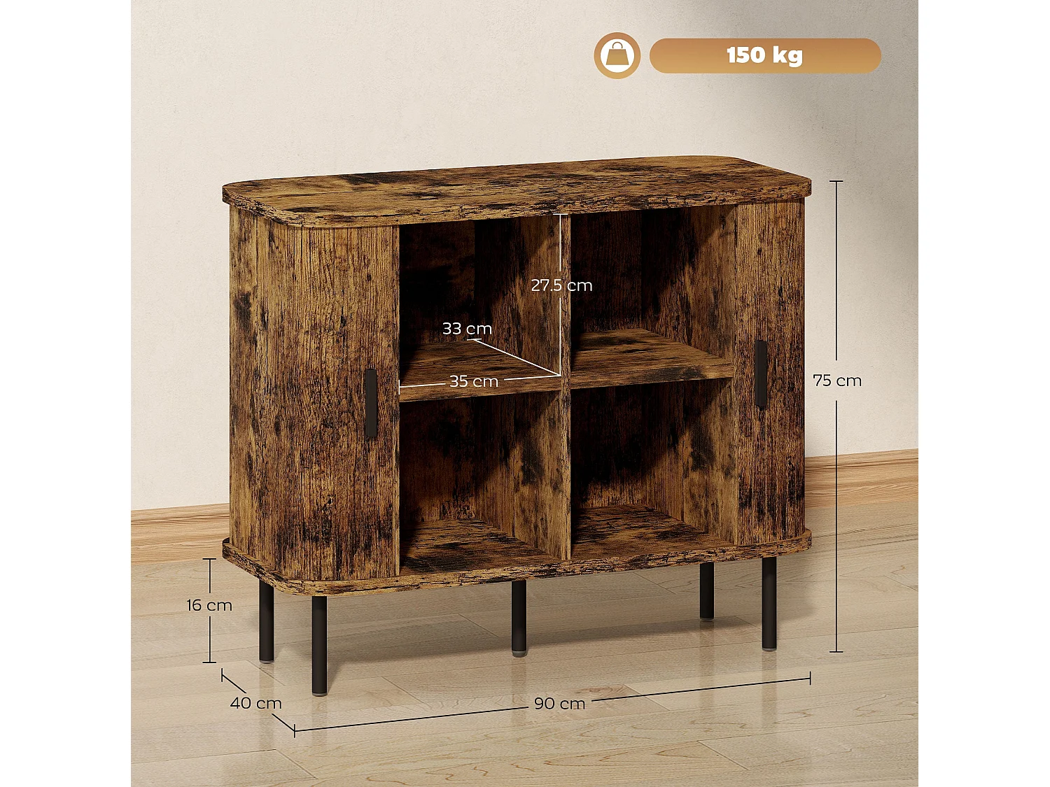 Lasa Rustic Brown Mid Century Sideboard Slatted Sliding Doors Steel Legs