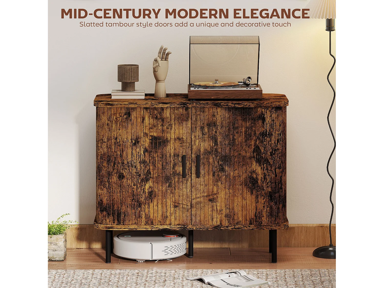 Lasa Rustic Brown Mid Century Sideboard Slatted Sliding Doors Steel Legs