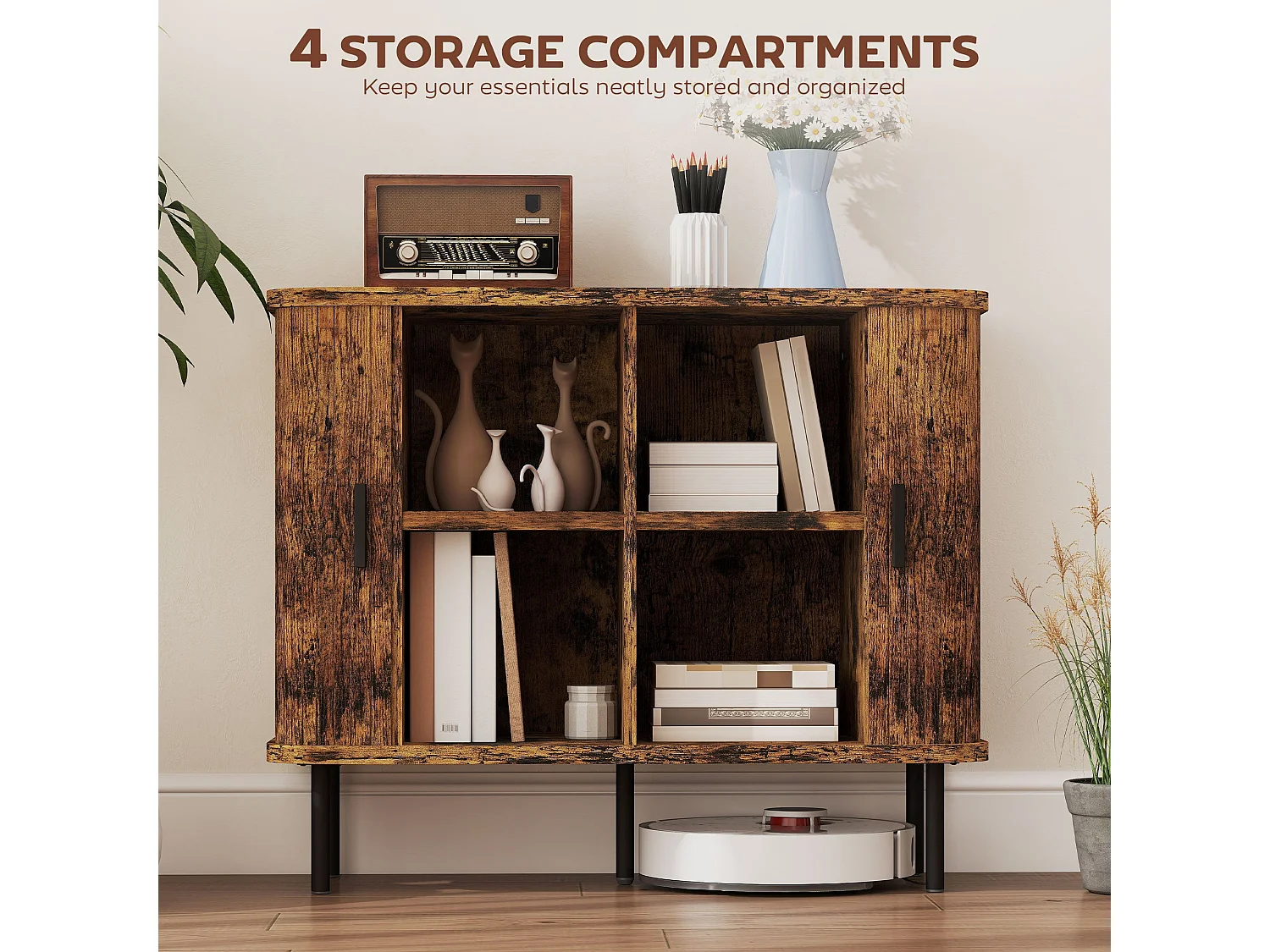 Lasa Rustic Brown Mid Century Sideboard Slatted Sliding Doors Steel Legs