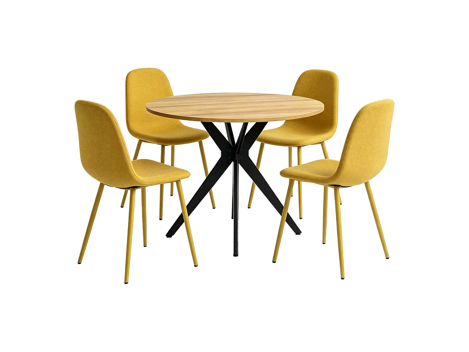 CLIFTXCHARLTON - Table à manger ronde de 100 cm en imitation chêne et pieds métal noirs avec 4 chaises en tissu jaune