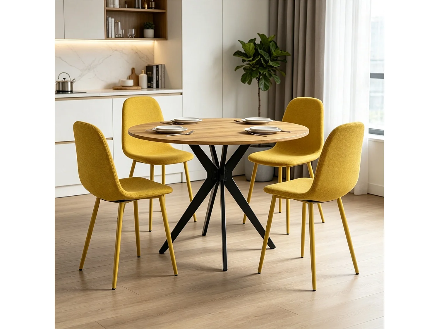 CLIFTXCHARLTON - Table à manger ronde de 100 cm en imitation chêne et pieds métal noirs avec 4 chaises en tissu jaune