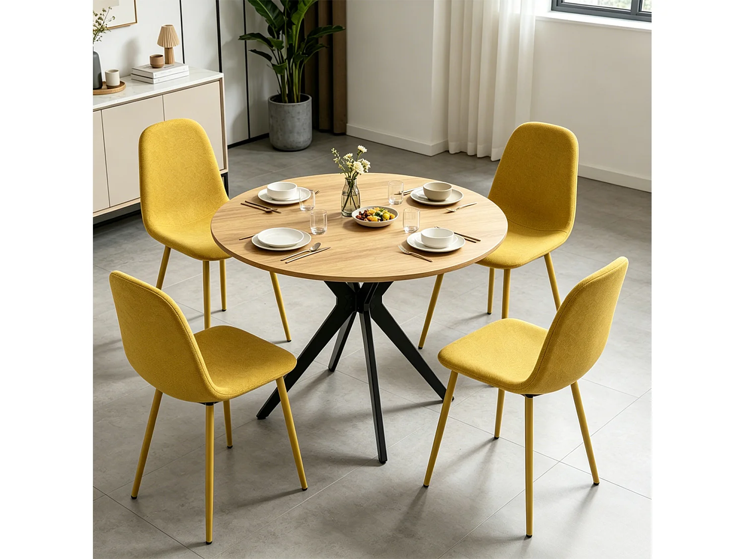 CLIFTXCHARLTON - Table à manger ronde de 100 cm en imitation chêne et pieds métal noirs avec 4 chaises en tissu jaune