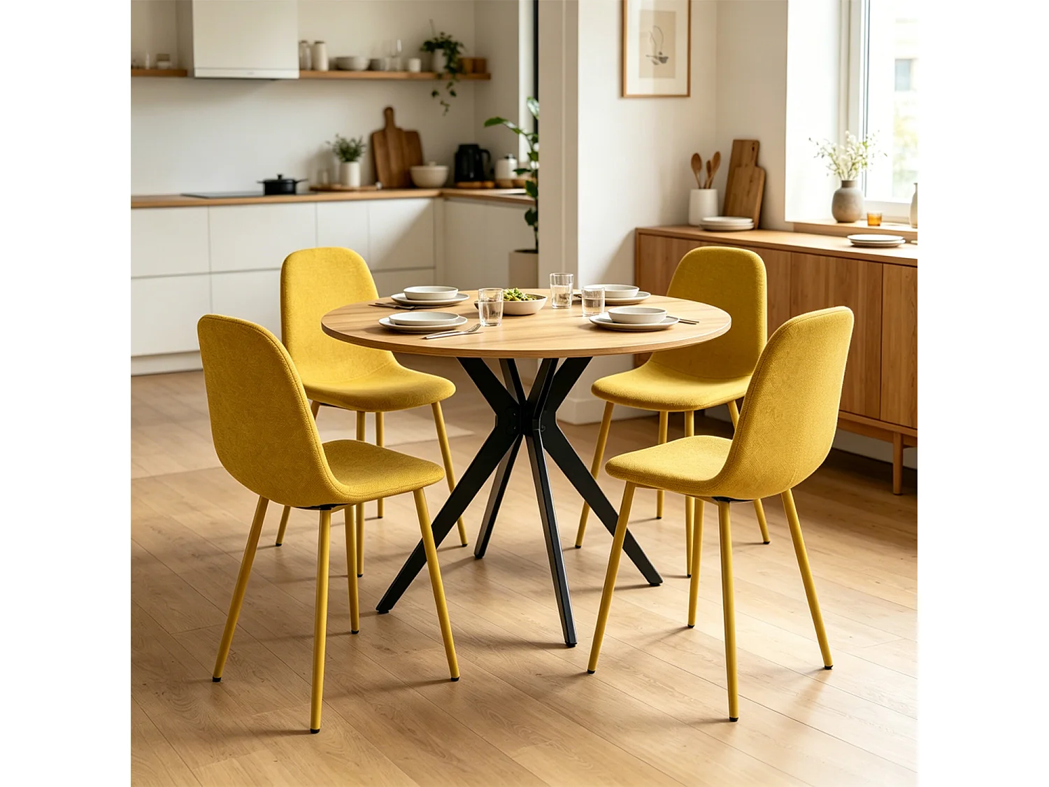 CLIFTXCHARLTON - Table à manger ronde de 100 cm en imitation chêne et pieds métal noirs avec 4 chaises en tissu jaune