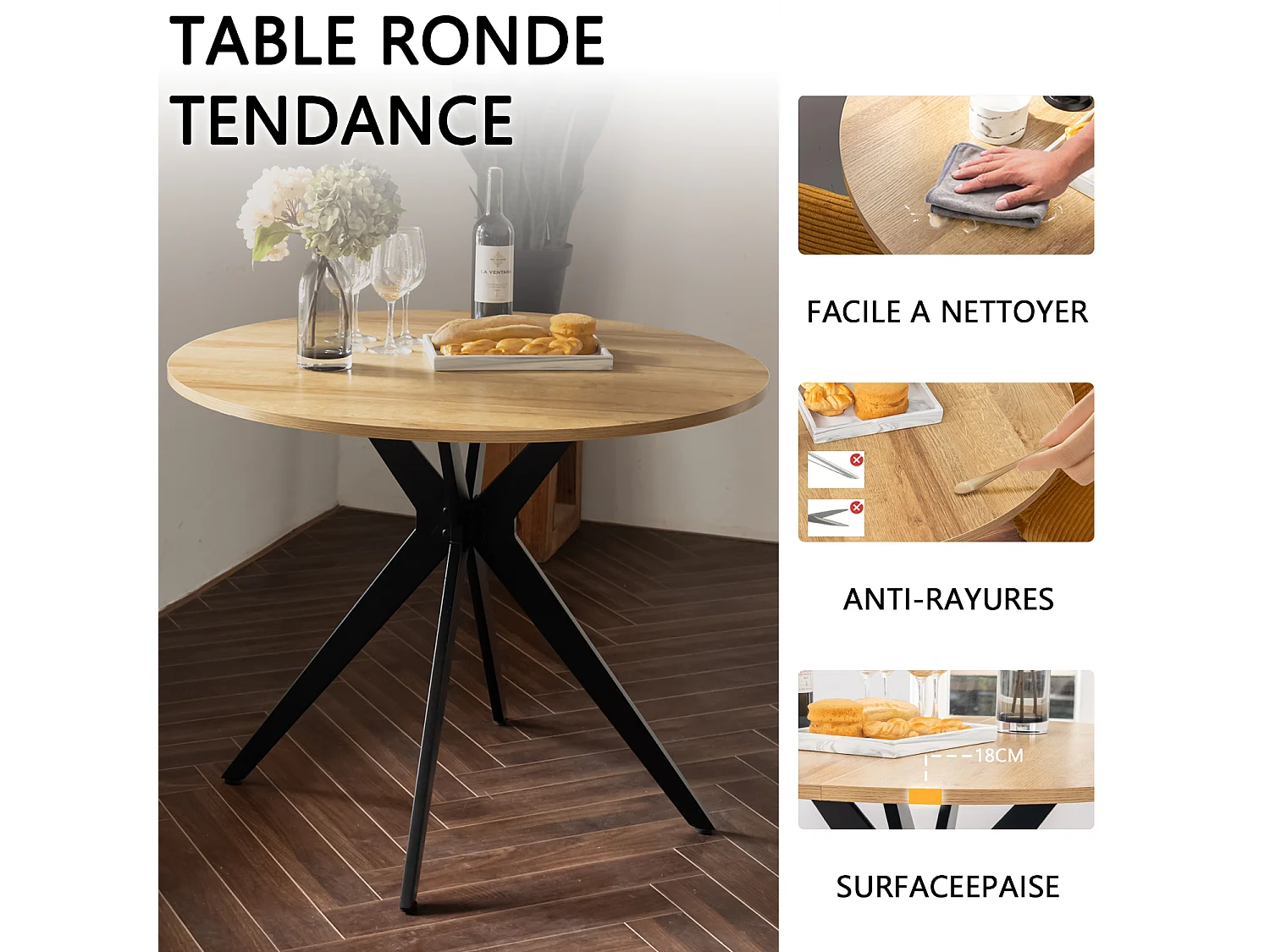 CLIFTXCHARLTON - Table à manger ronde de 100 cm en imitation chêne et pieds métal noirs avec 4 chaises en tissu jaune
