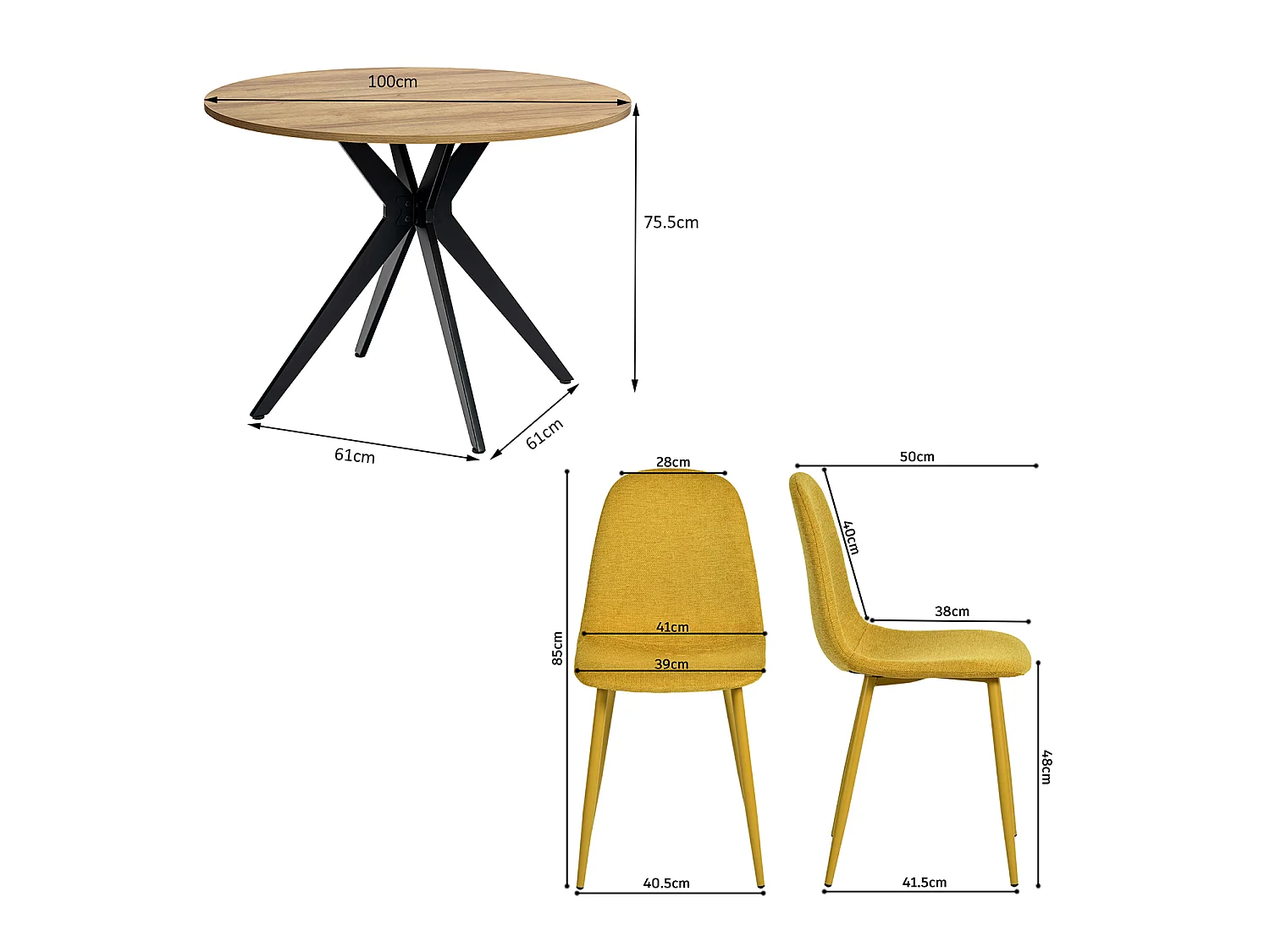 CLIFTXCHARLTON - Table à manger ronde de 100 cm en imitation chêne et pieds métal noirs avec 4 chaises en tissu jaune