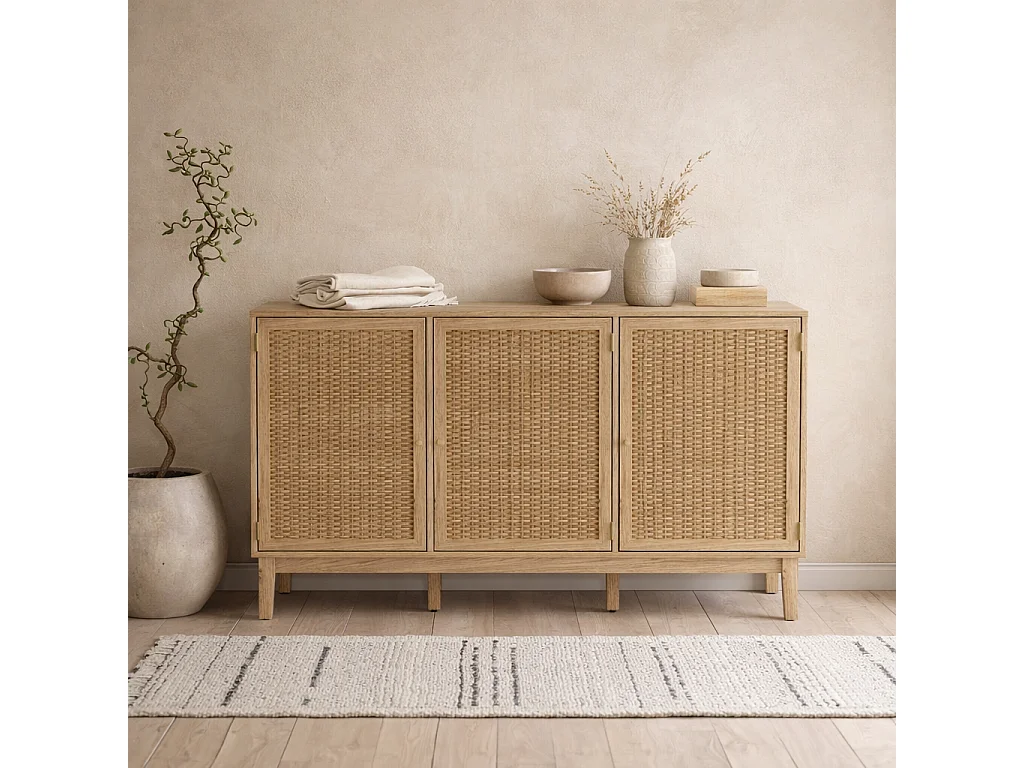 Waterford Oak and Rattan 3 Door Large Sideboard