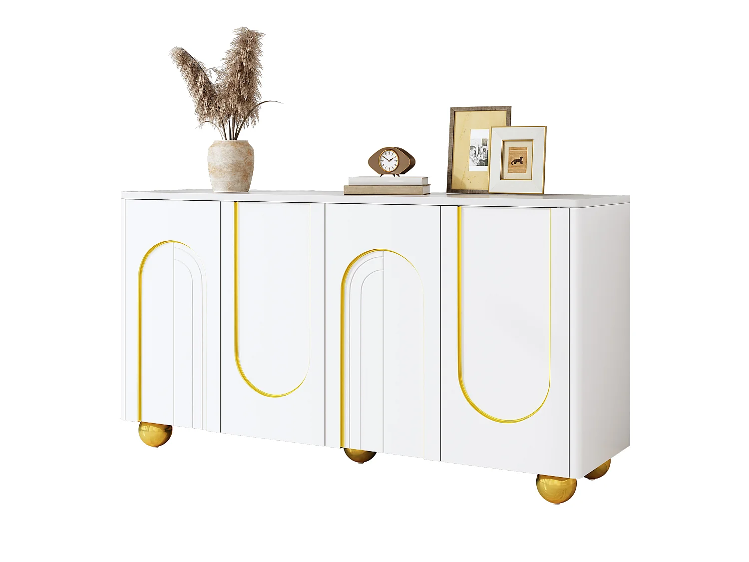 Dressoir voor de woonkamer 140 x 40 x 74 cm - 4 deuren - Gouden boogdecoratie - Bolvormige metalen poten - MDF - Wit