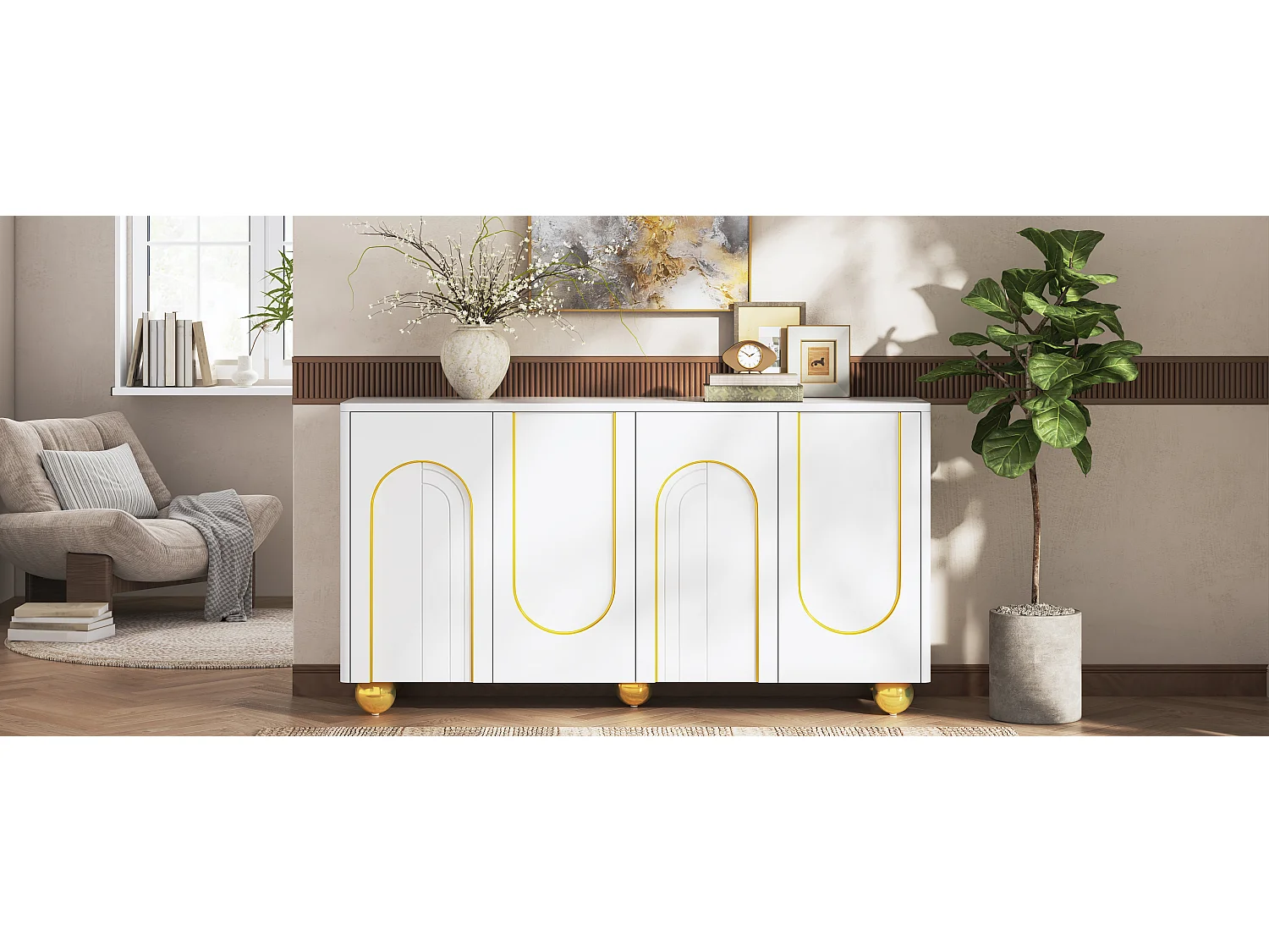 Dressoir voor de woonkamer 140 x 40 x 74 cm - 4 deuren - Gouden boogdecoratie - Bolvormige metalen poten - MDF - Wit