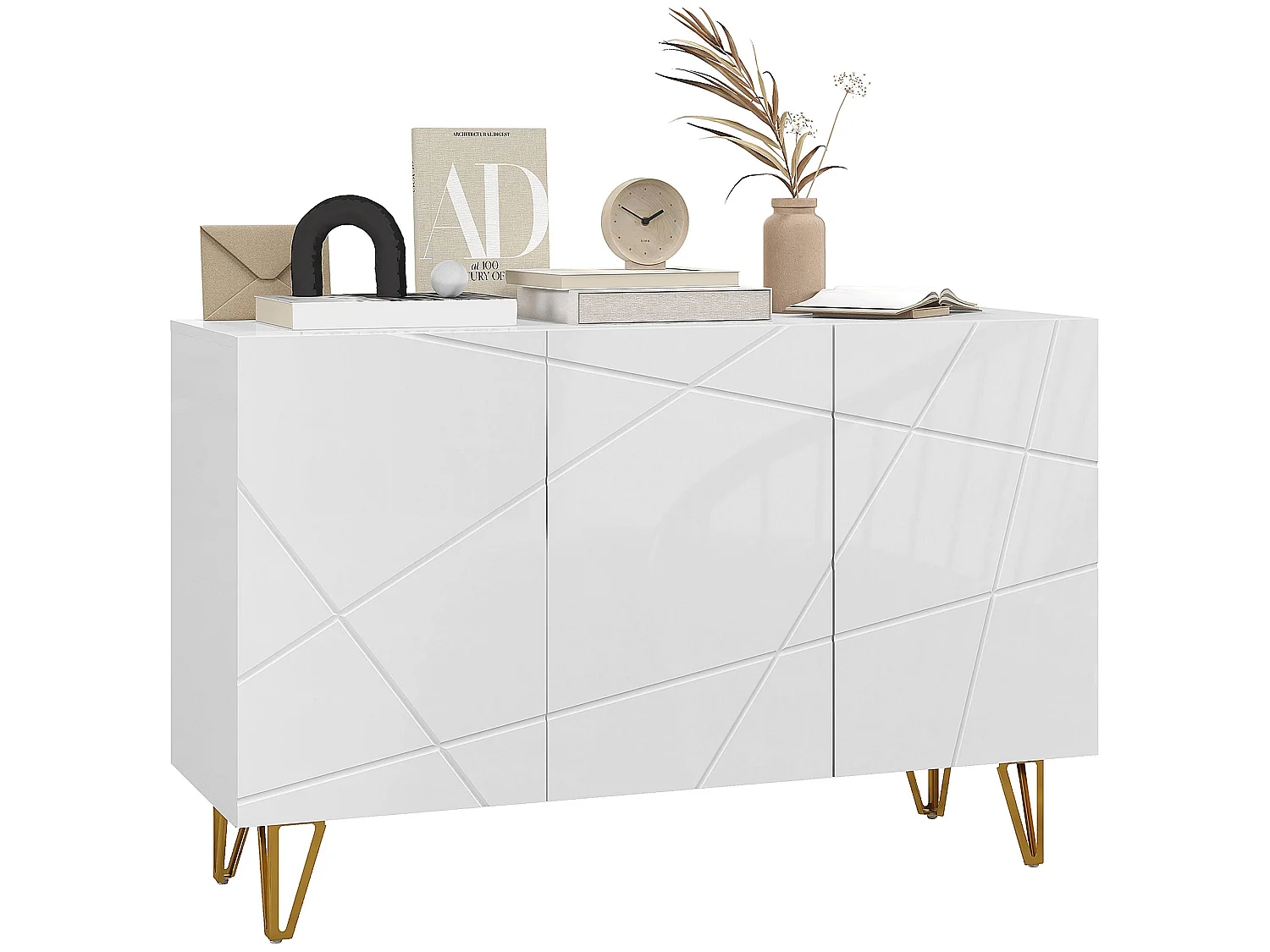 Sarota High Gloss White Sideboard with Gold Tone Hairpin Legs