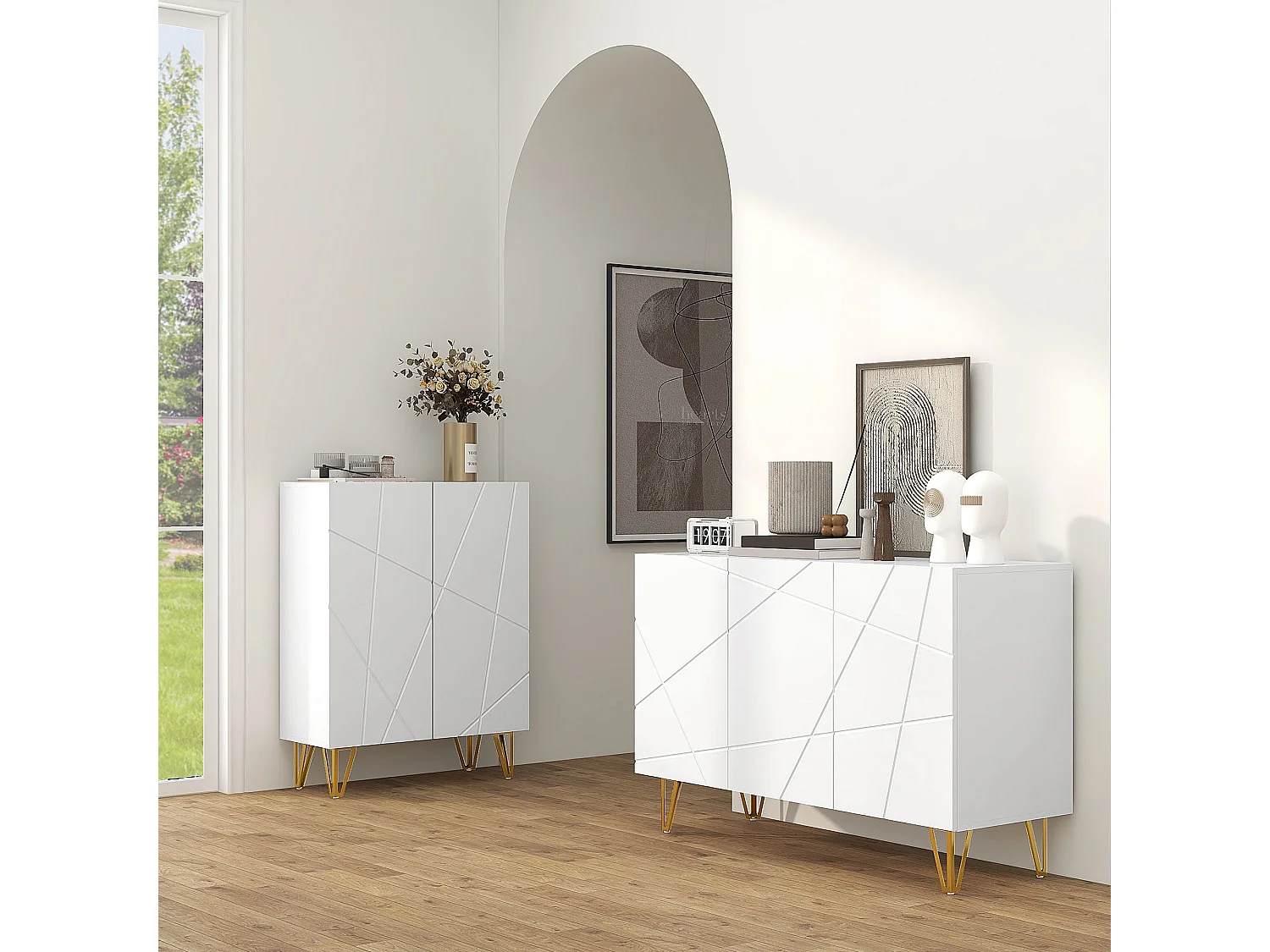 Sarota High Gloss White Sideboard with Gold Tone Hairpin Legs