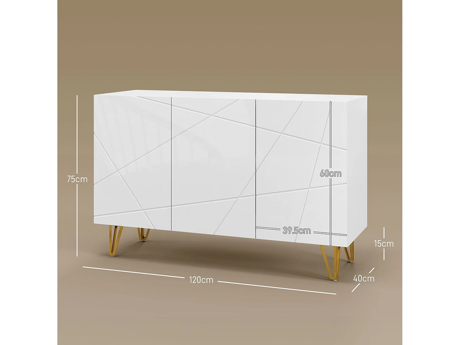 Sarota High Gloss White Sideboard with Gold Tone Hairpin Legs
