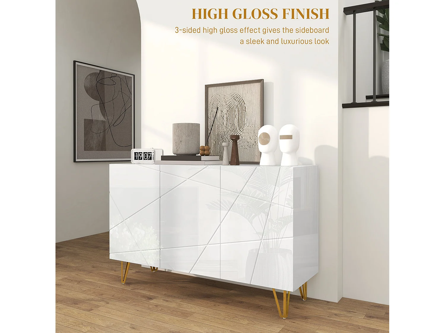 Sarota High Gloss White Sideboard with Gold Tone Hairpin Legs