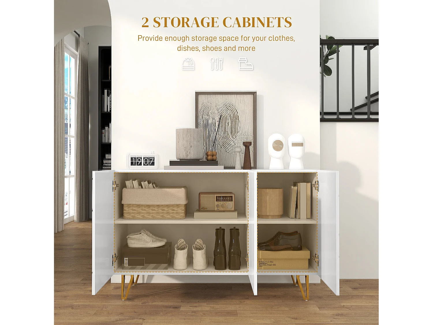 Sarota High Gloss White Sideboard with Gold Tone Hairpin Legs