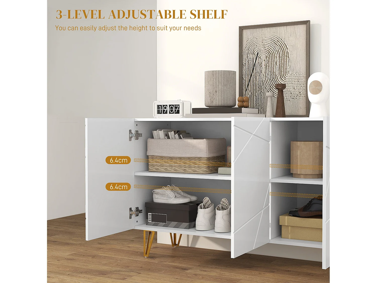 Sarota High Gloss White Sideboard with Gold Tone Hairpin Legs