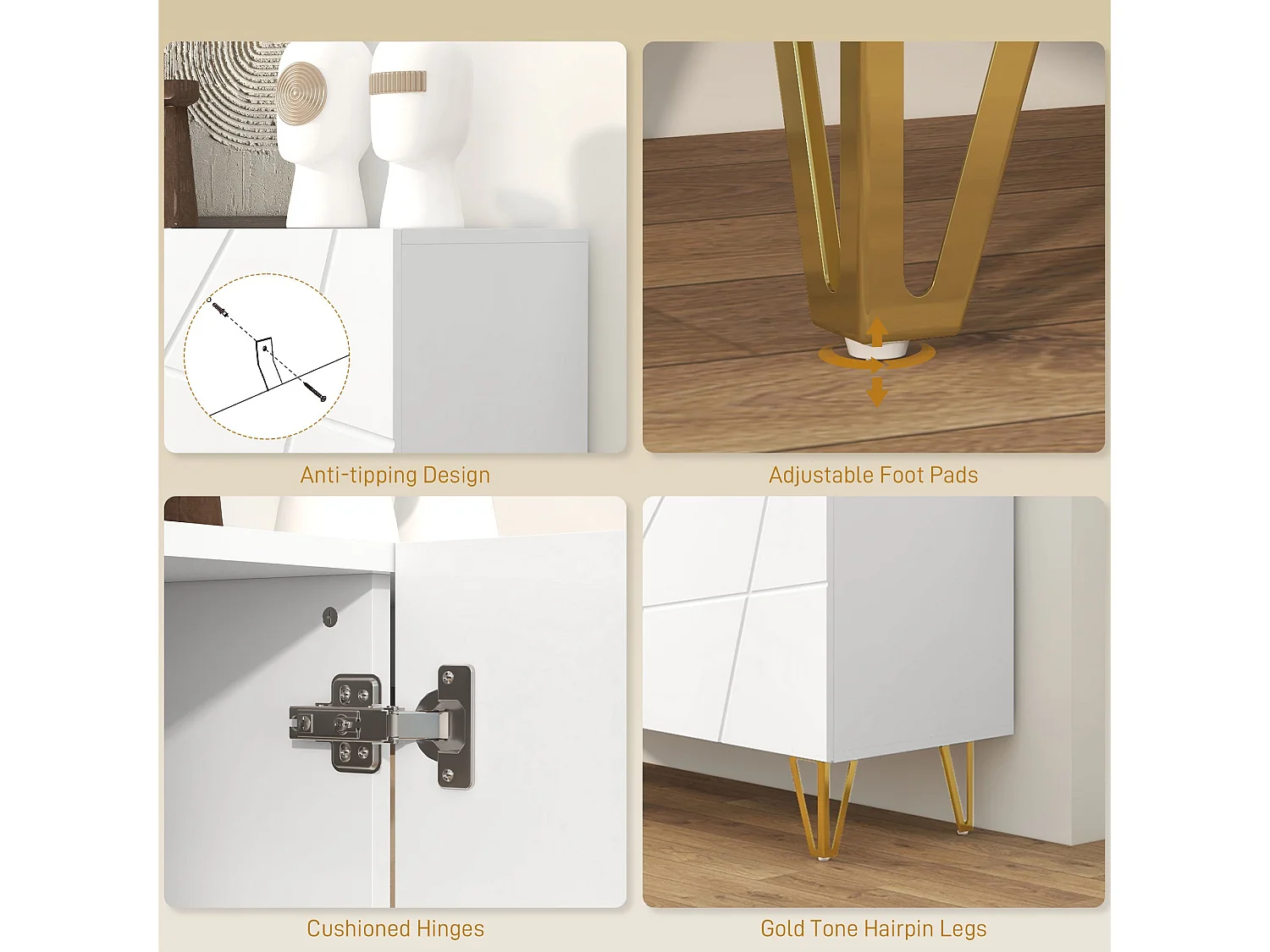 Sarota High Gloss White Sideboard with Gold Tone Hairpin Legs