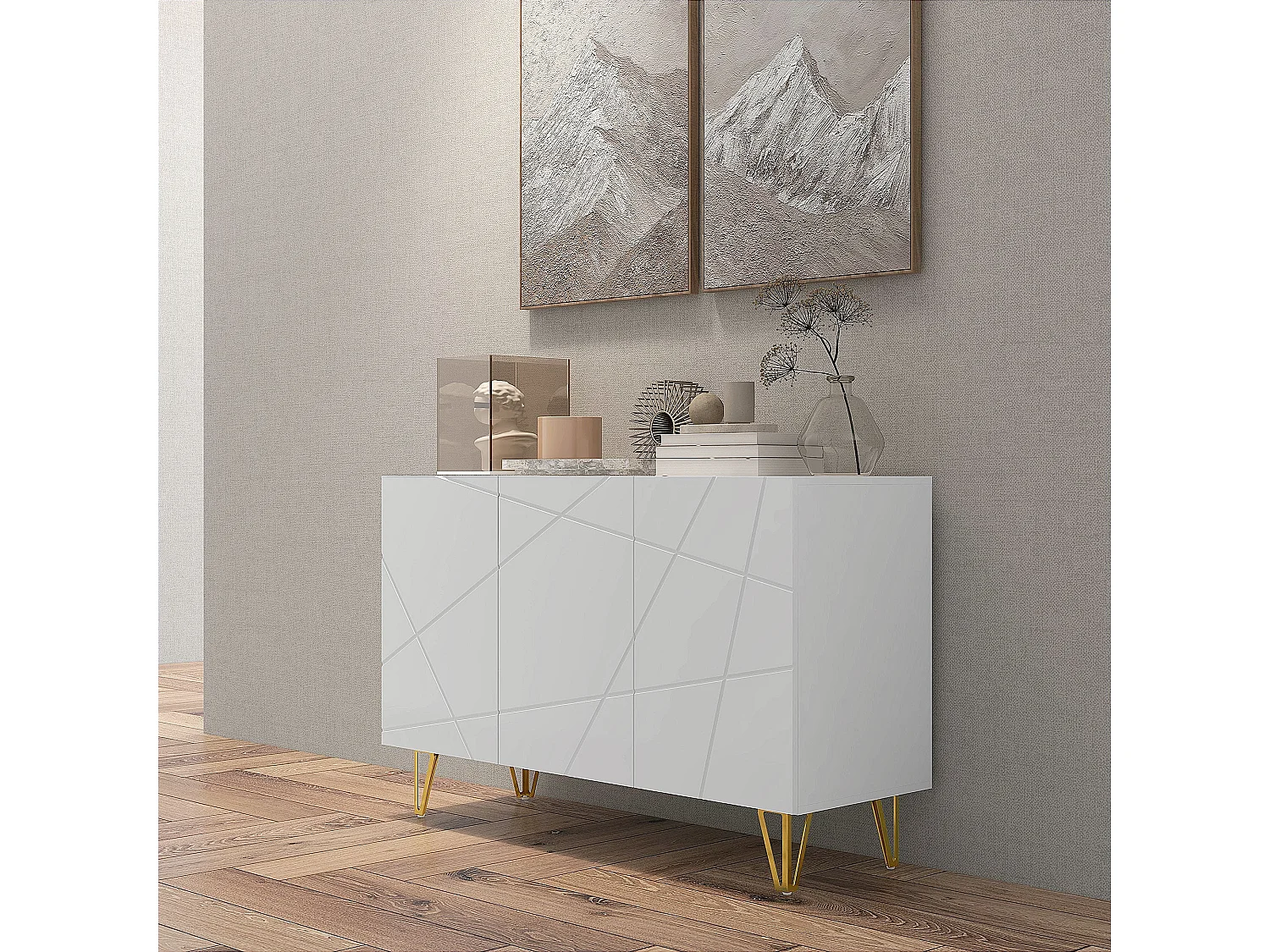 Sarota High Gloss White Sideboard with Gold Tone Hairpin Legs