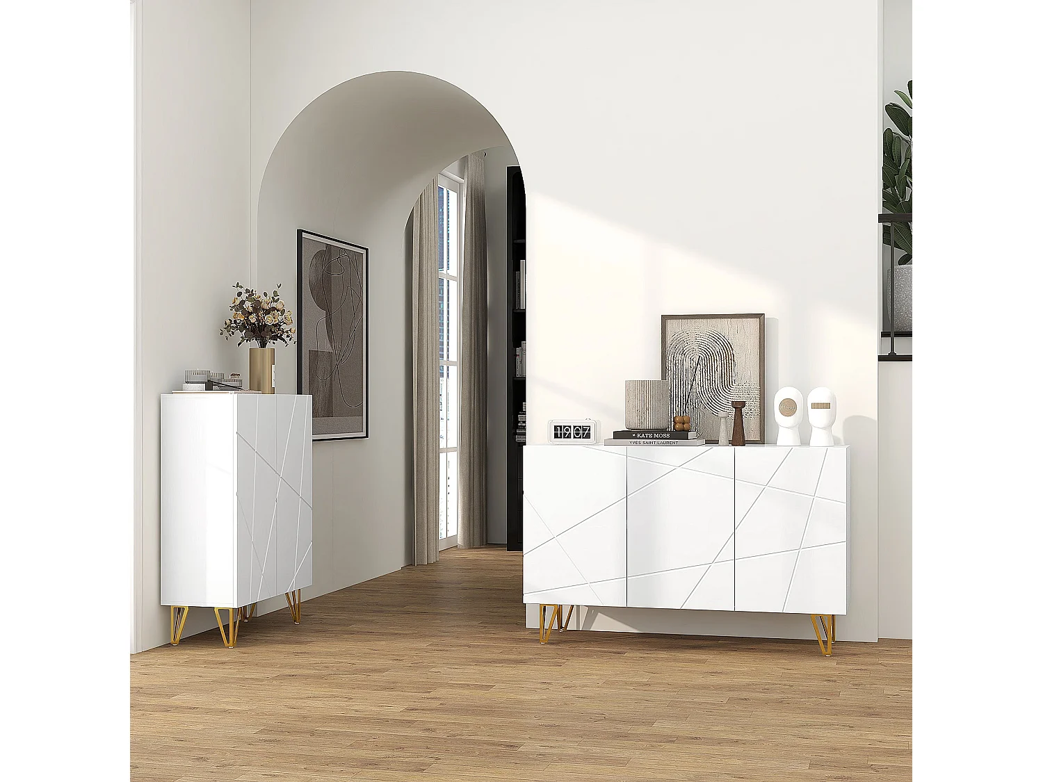 Sarota High Gloss White Sideboard with Gold Tone Hairpin Legs