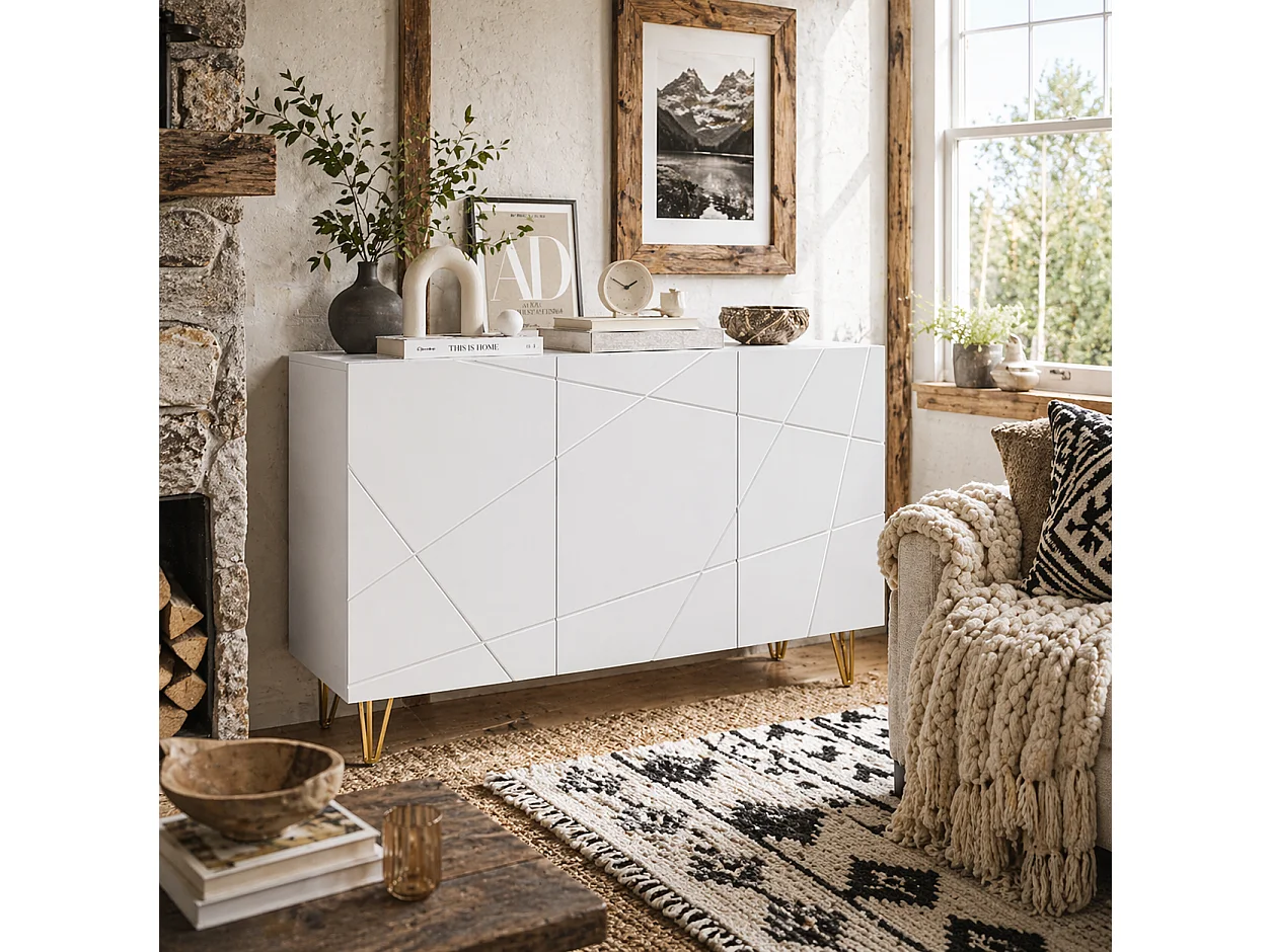 Sarota High Gloss White Sideboard with Gold Tone Hairpin Legs
