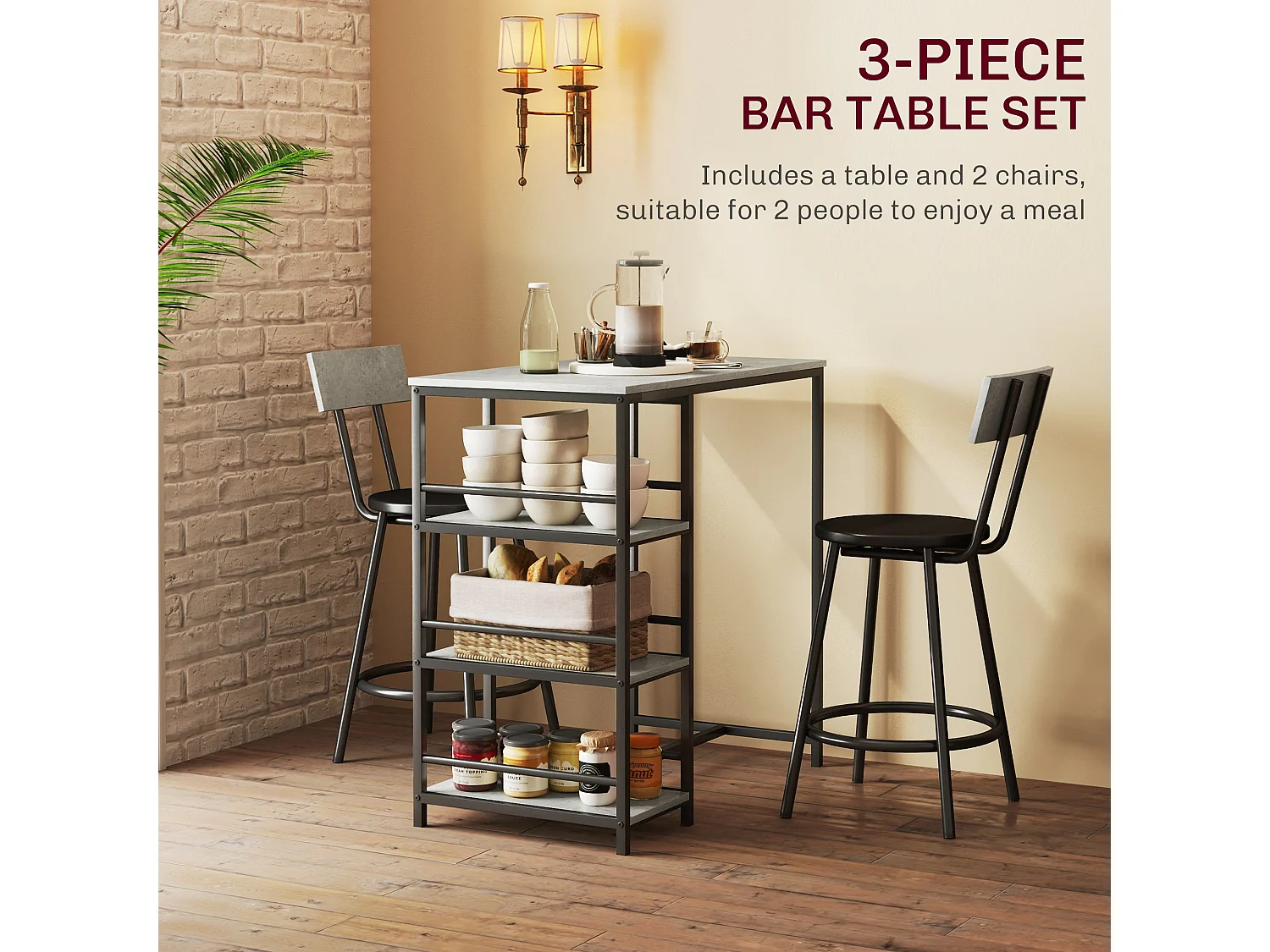 Raco Sera 3 Piece Grey and Black Kitchen Dining Set with Integrated Shelving
