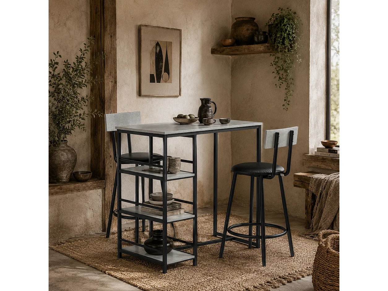 Raco Sera 3 Piece Grey and Black Kitchen Dining Set with Integrated Shelving