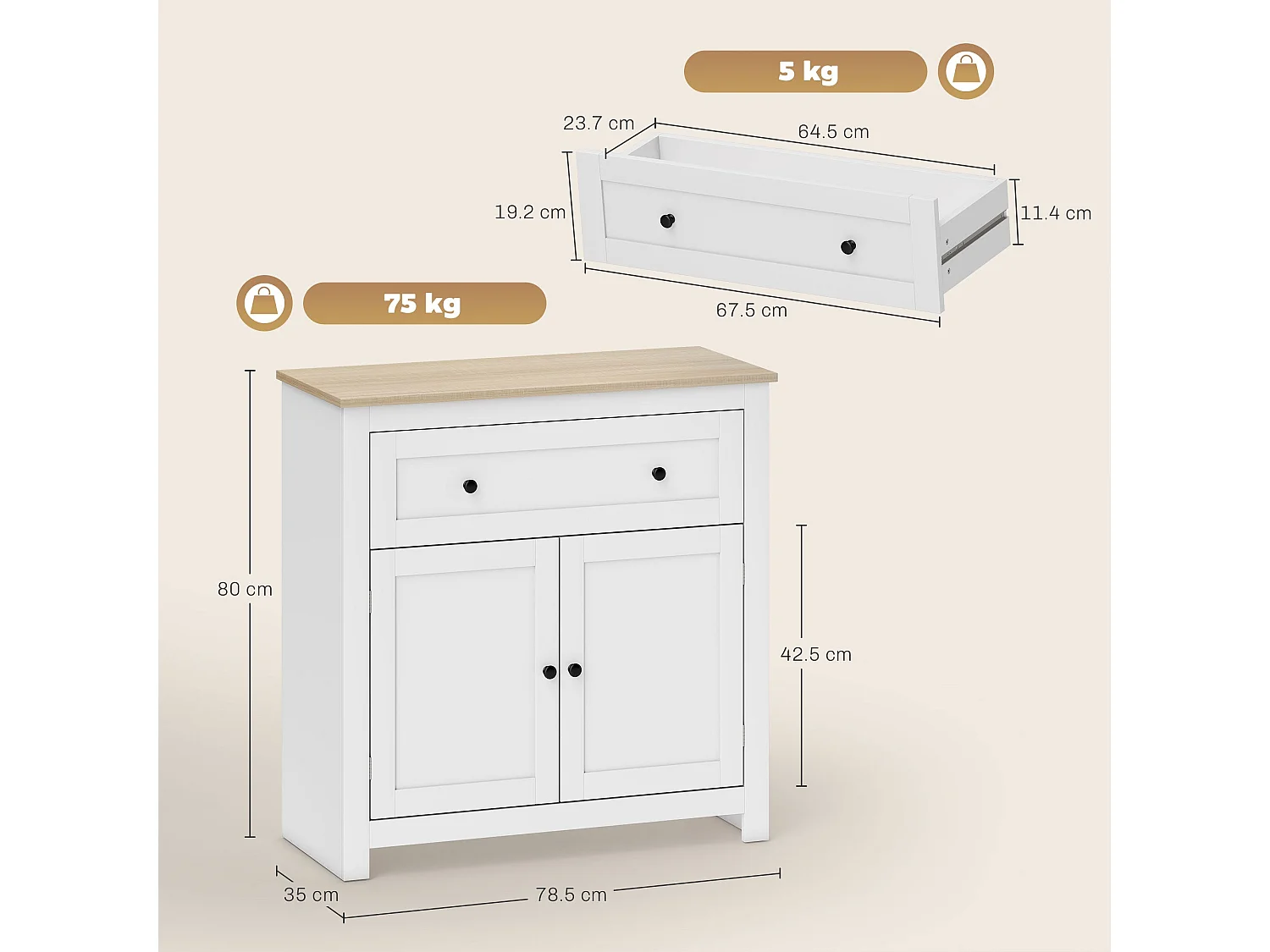Venisa White and Oak Modern Sideboard Double Doors Adjustable Shelf and Large Drawer