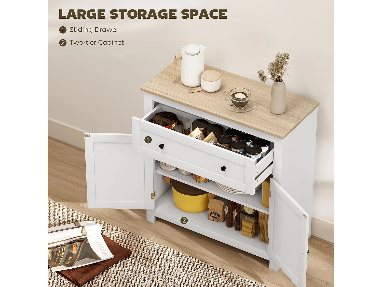 Venisa White and Oak Modern Sideboard Double Doors Adjustable Shelf and Large Drawer