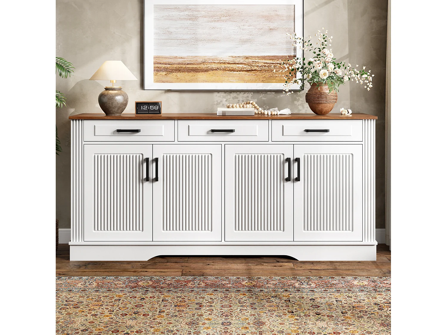 Moderne buffetkast 160 x 40 x 75 cm - 3 lades en 4 deuren - 3D verticaal streepdesign - MDF - wit