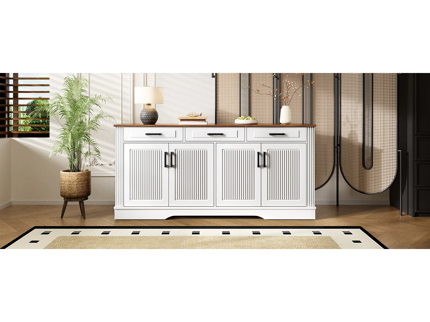 Moderne buffetkast 160 x 40 x 75 cm - 3 lades en 4 deuren - 3D verticaal streepdesign - MDF - wit