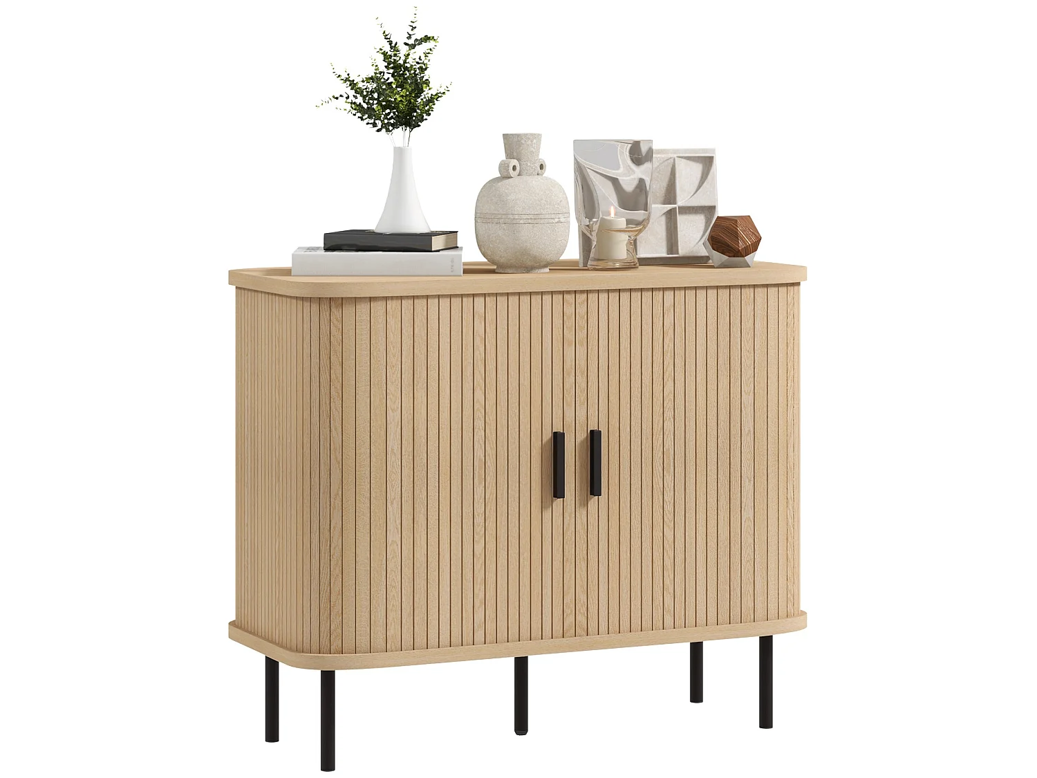 Ronoke Mid Century Sideboard Oak Effect Slatted Sliding Doors Black Metal Legs