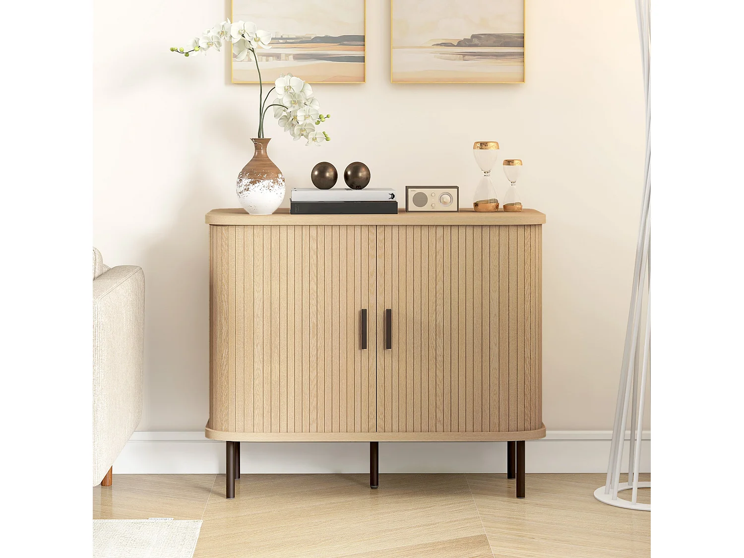 Ronoke Mid Century Sideboard Oak Effect Slatted Sliding Doors Black Metal Legs