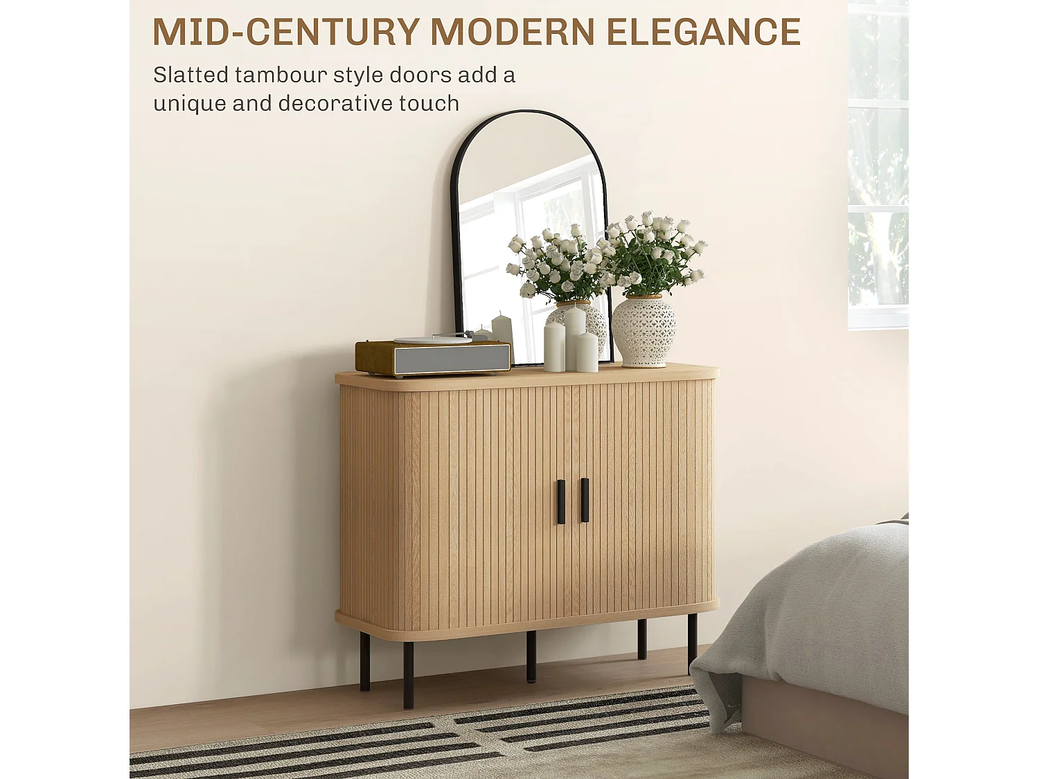 Ronoke Mid Century Sideboard Oak Effect Slatted Sliding Doors Black Metal Legs