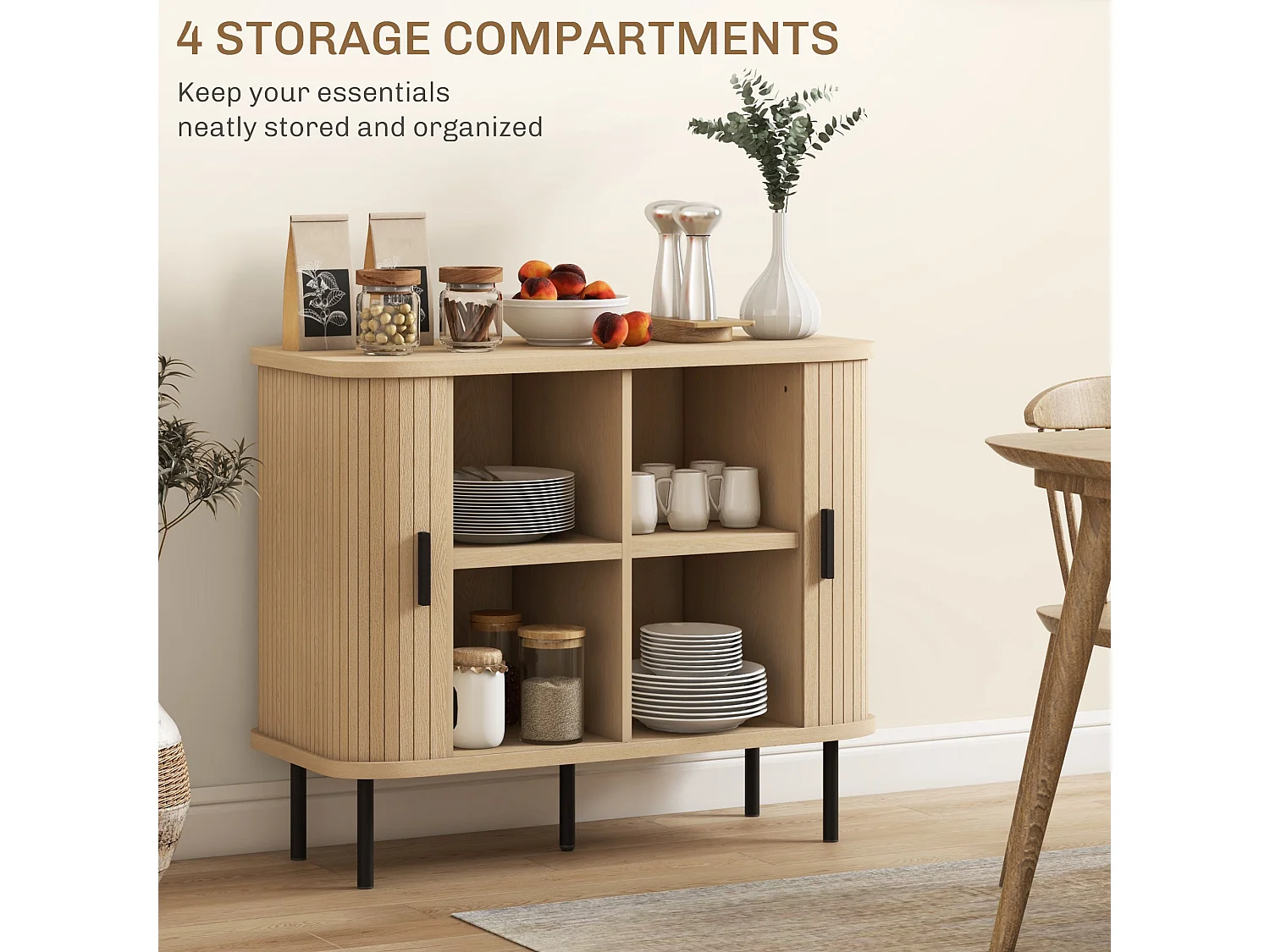 Ronoke Mid Century Sideboard Oak Effect Slatted Sliding Doors Black Metal Legs