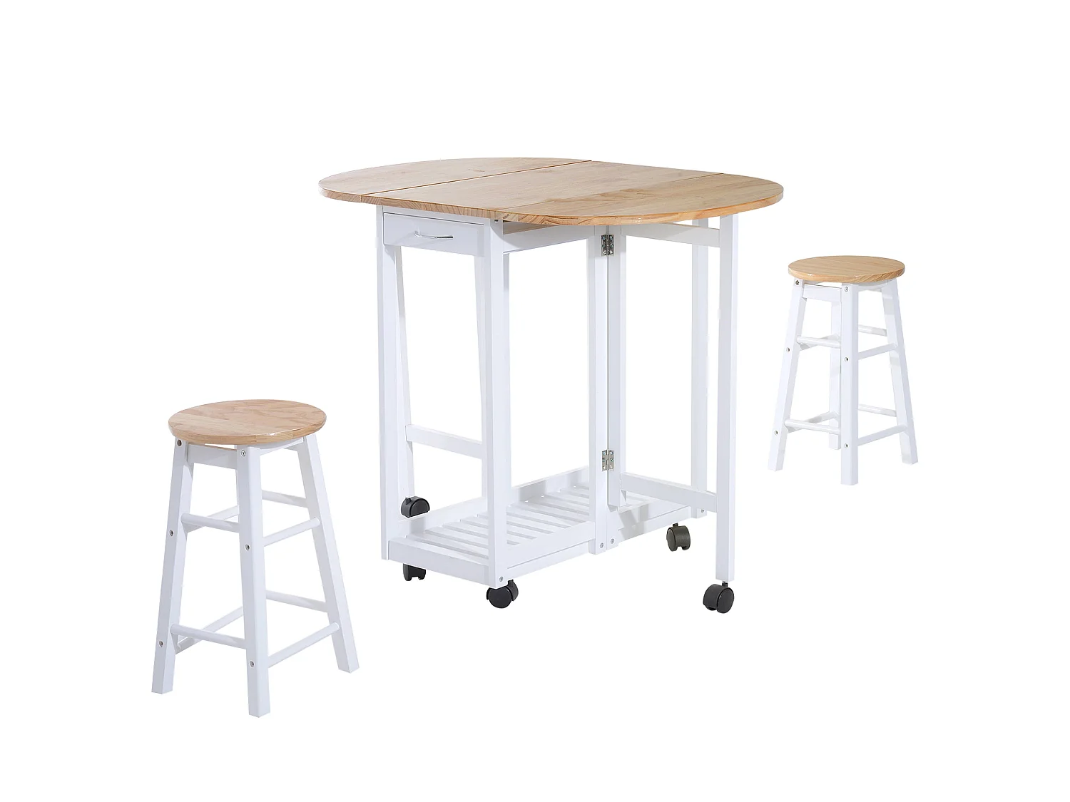 Rasola White Drop Leaf Mobile Dining Table with 2 Stools Drawers Shelf and Wheels