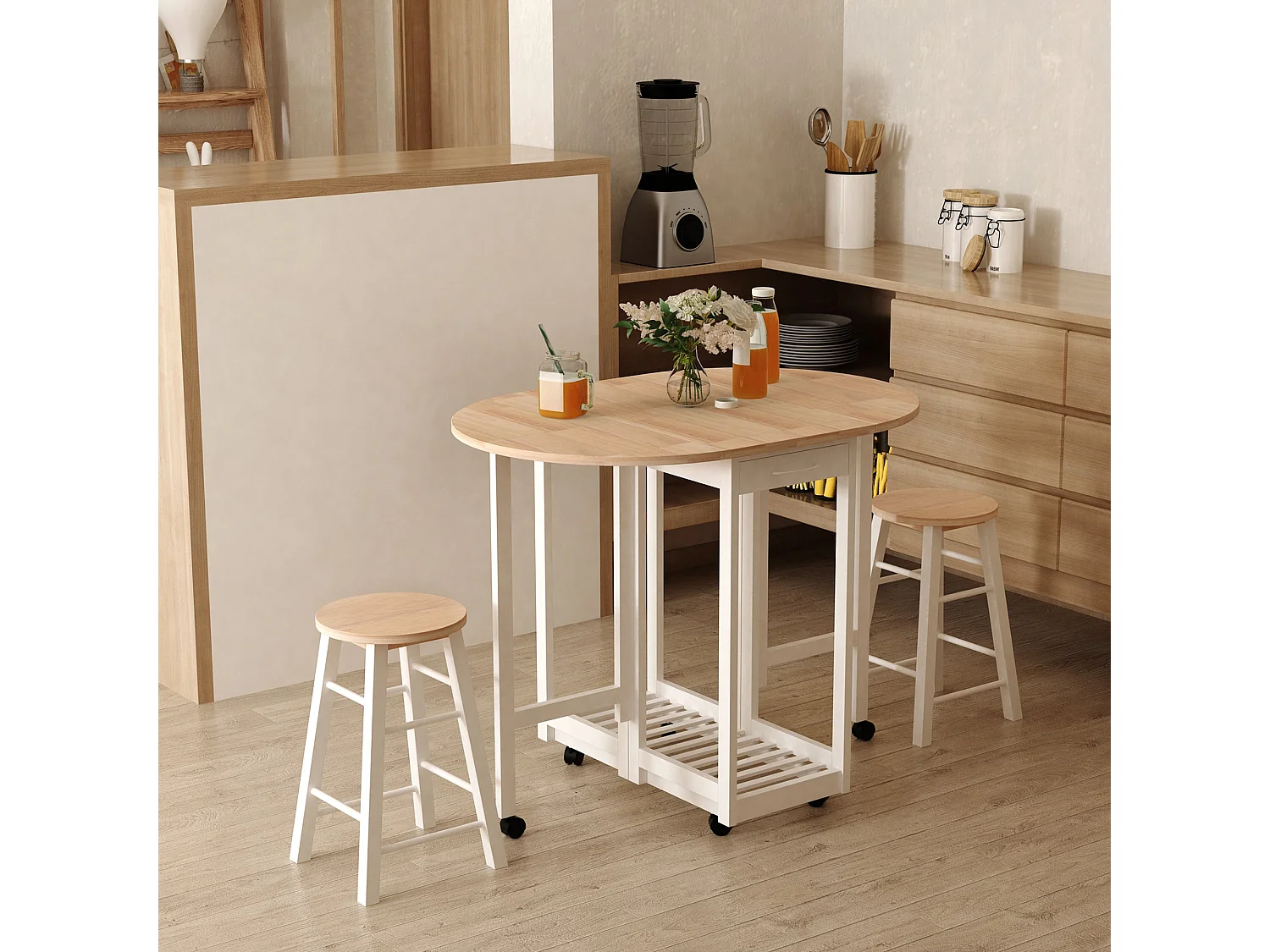 Rasola White Drop Leaf Mobile Dining Table with 2 Stools Drawers Shelf and Wheels