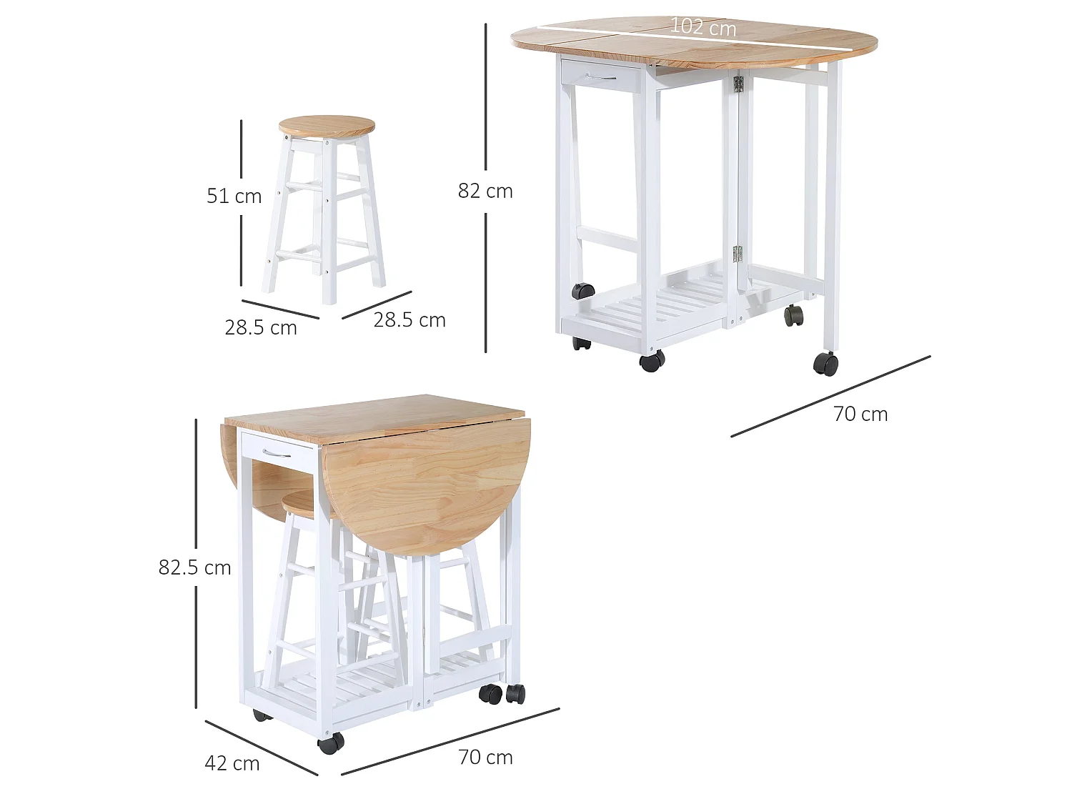 Rasola White Drop Leaf Mobile Dining Table with 2 Stools Drawers Shelf and Wheels