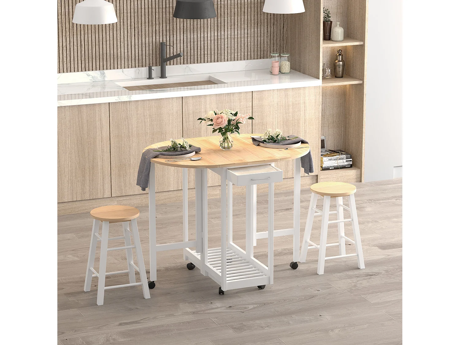 Rasola White Drop Leaf Mobile Dining Table with 2 Stools Drawers Shelf and Wheels