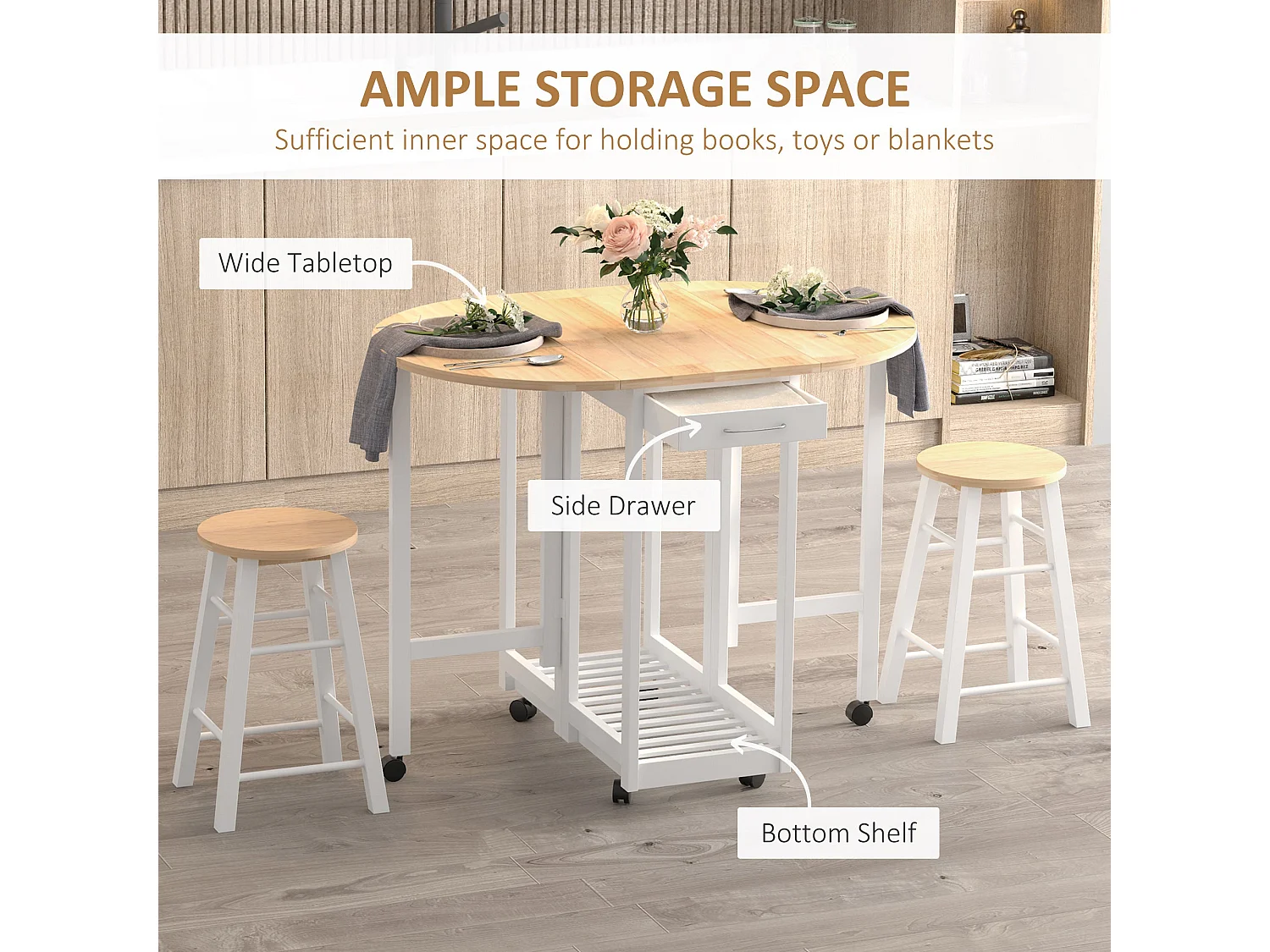 Rasola White Drop Leaf Mobile Dining Table with 2 Stools Drawers Shelf and Wheels
