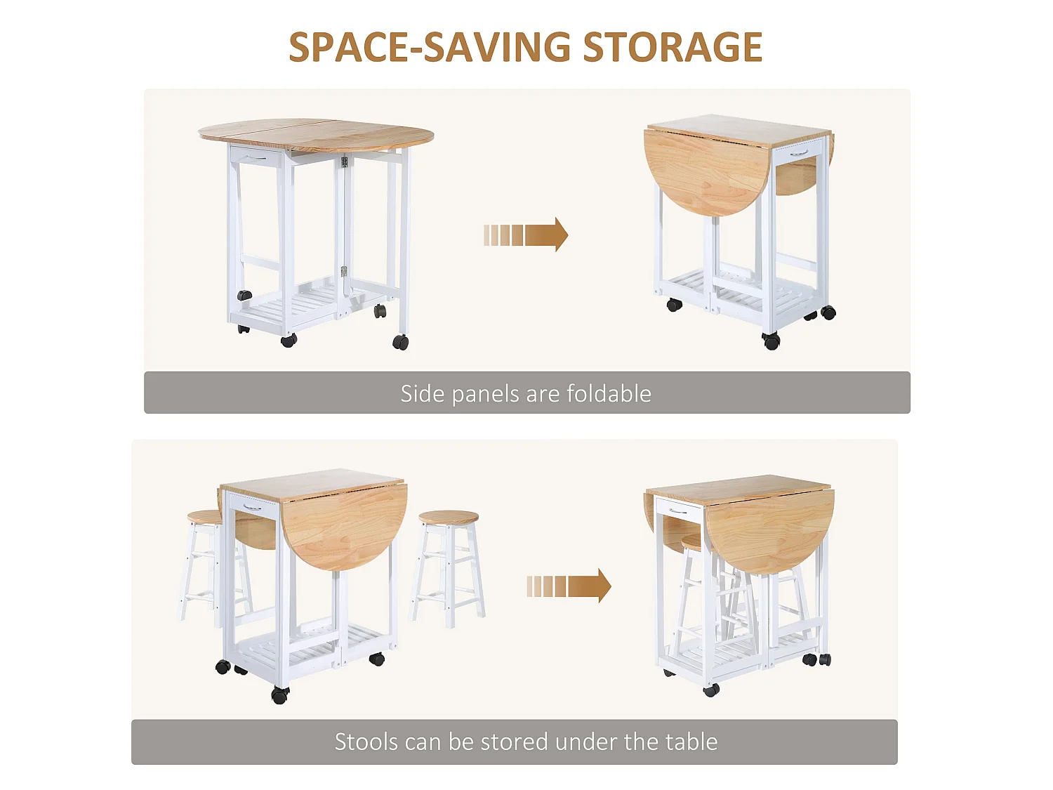 Rasola White Drop Leaf Mobile Dining Table with 2 Stools Drawers Shelf and Wheels