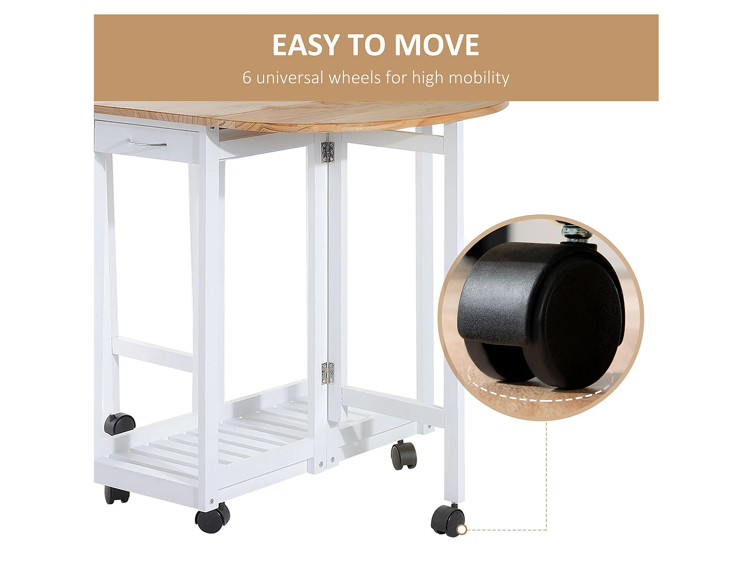 Rasola White Drop Leaf Mobile Dining Table with 2 Stools Drawers Shelf and Wheels