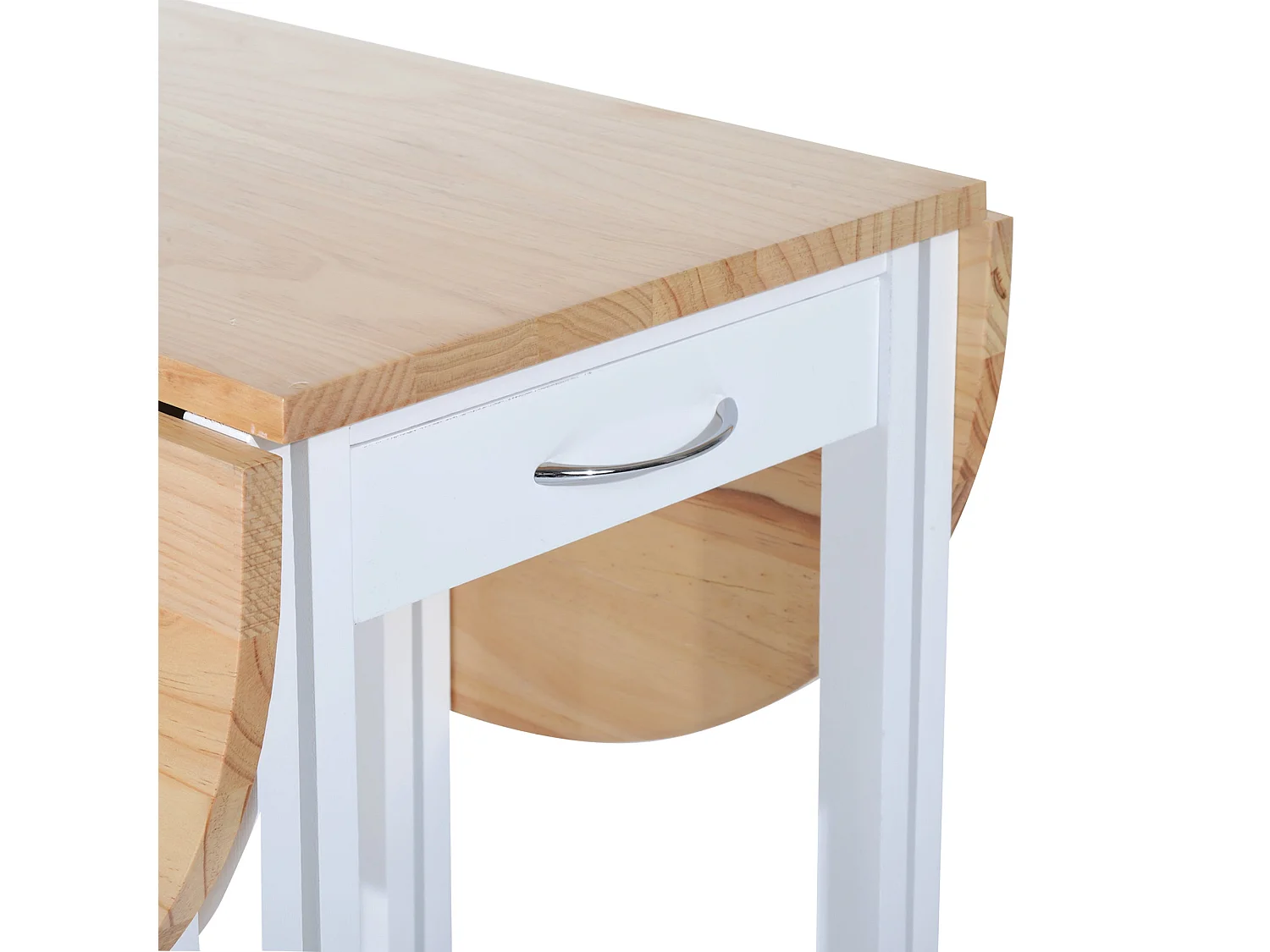 Rasola White Drop Leaf Mobile Dining Table with 2 Stools Drawers Shelf and Wheels