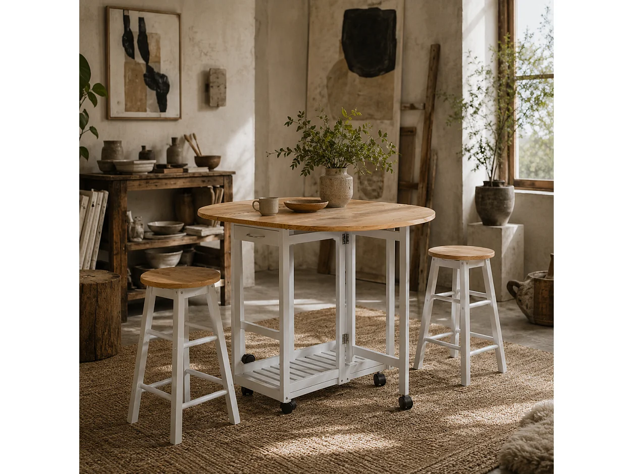 Rasola White Drop Leaf Mobile Dining Table with 2 Stools Drawers Shelf and Wheels