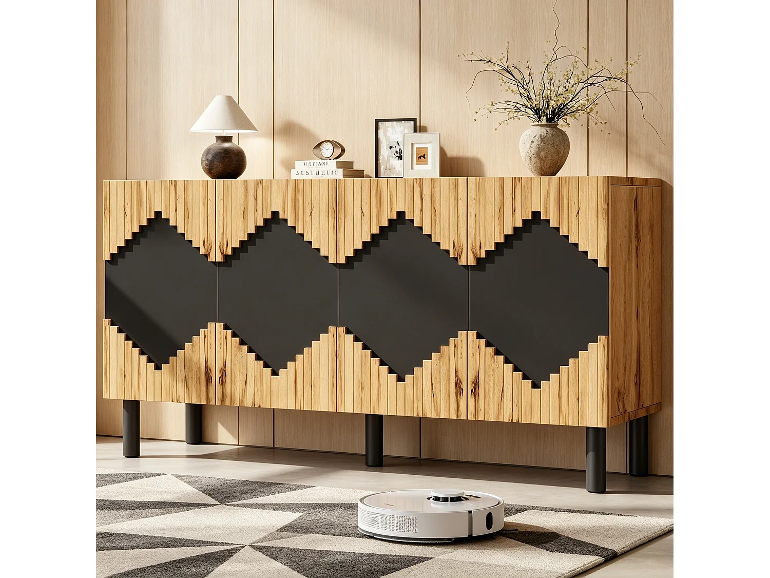 Buffet moderne 140x40x70 cm - avec 4 portes - Motif losanges - Panneaux de particules et MDF - Naturel+ Noir