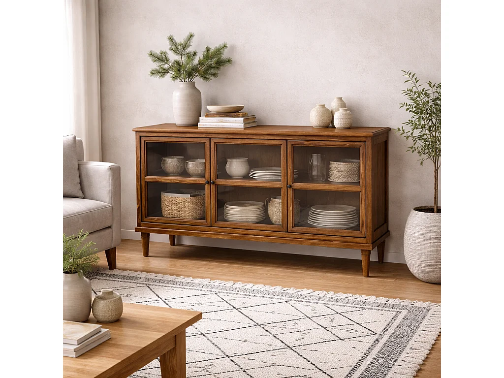 Honley Dark Brown 3 Glass Door Sideboard Matt Grain Finish
