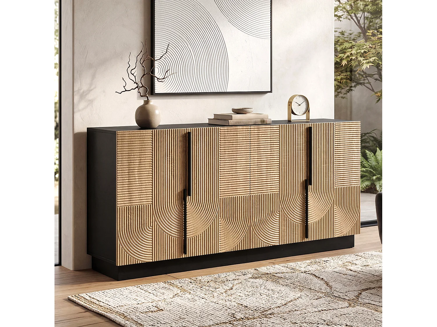 Buffet moderne 160x42x76 cm - 4 portes - Panneau gaufré - Poignées métalliques - Panneaux de particules + MDF - Coloris naturel