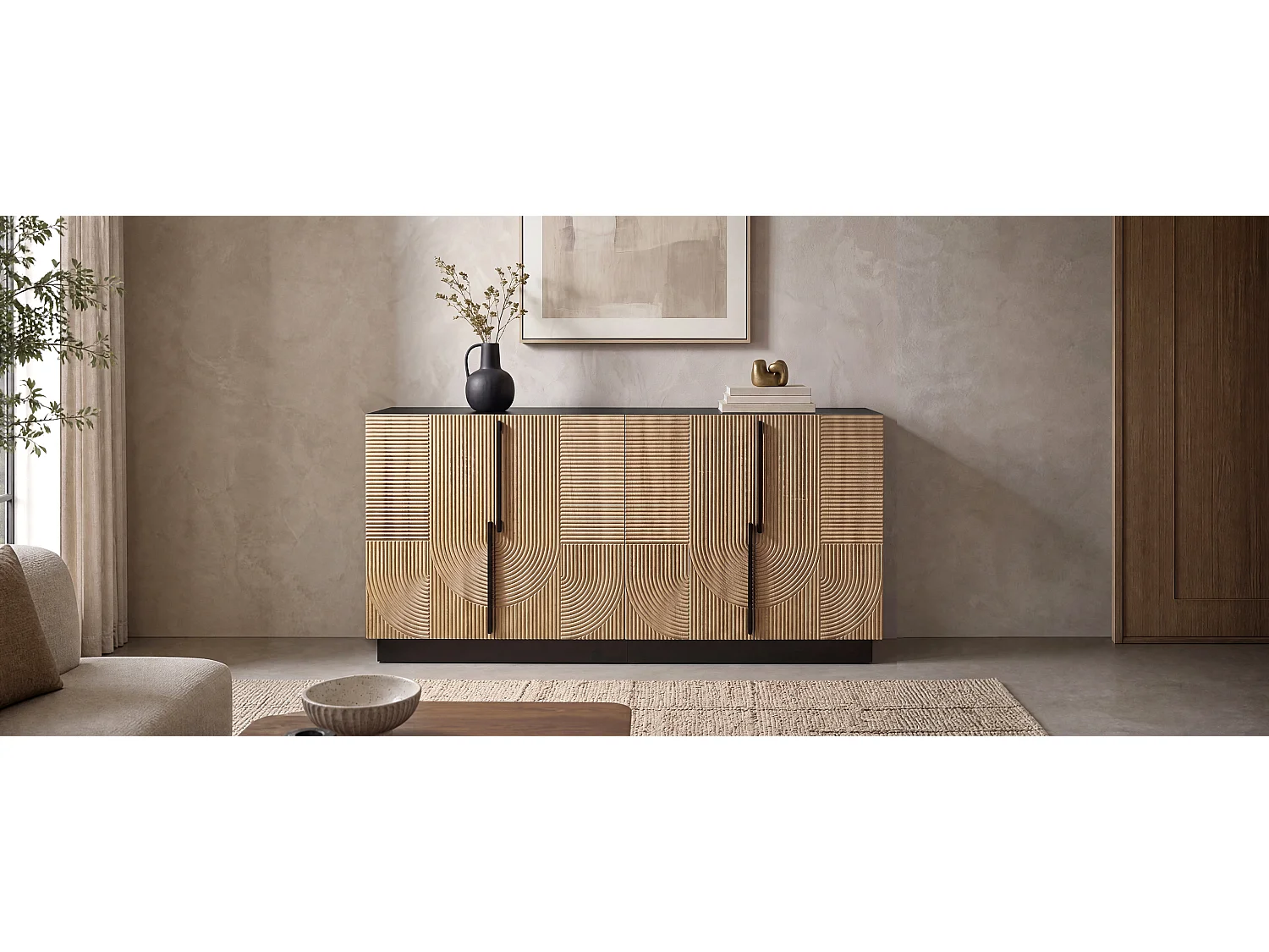 Buffet moderne 160x42x76 cm - 4 portes - Panneau gaufré - Poignées métalliques - Panneaux de particules + MDF - Coloris naturel