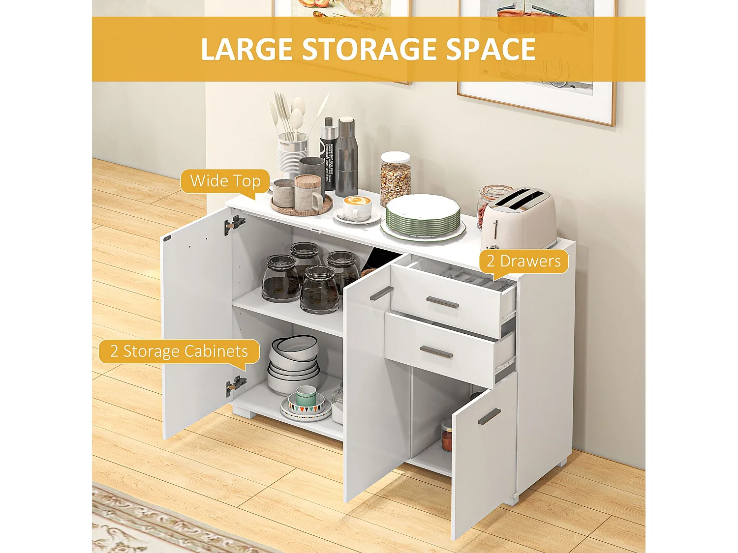 Bami High Gloss White Sideboard 2 Drawers 3 Doors Adjustable Shelf